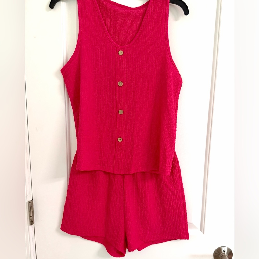Vibrant Pink Sleeveless Button-Down Top and Shorts Set